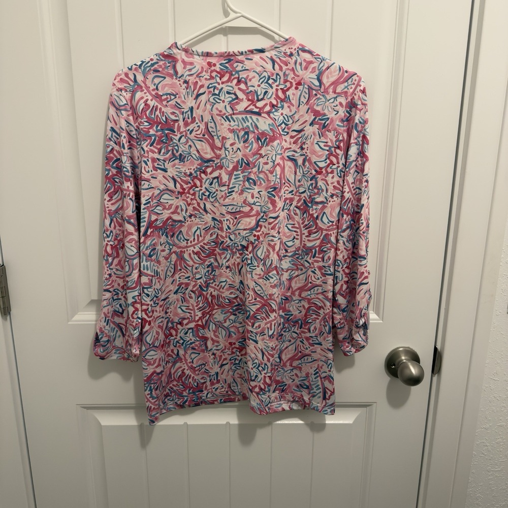 Stella Parker Women's 1/4 Zip Performance Bright Pink Green Print Size Medium - Picture 2 of 5